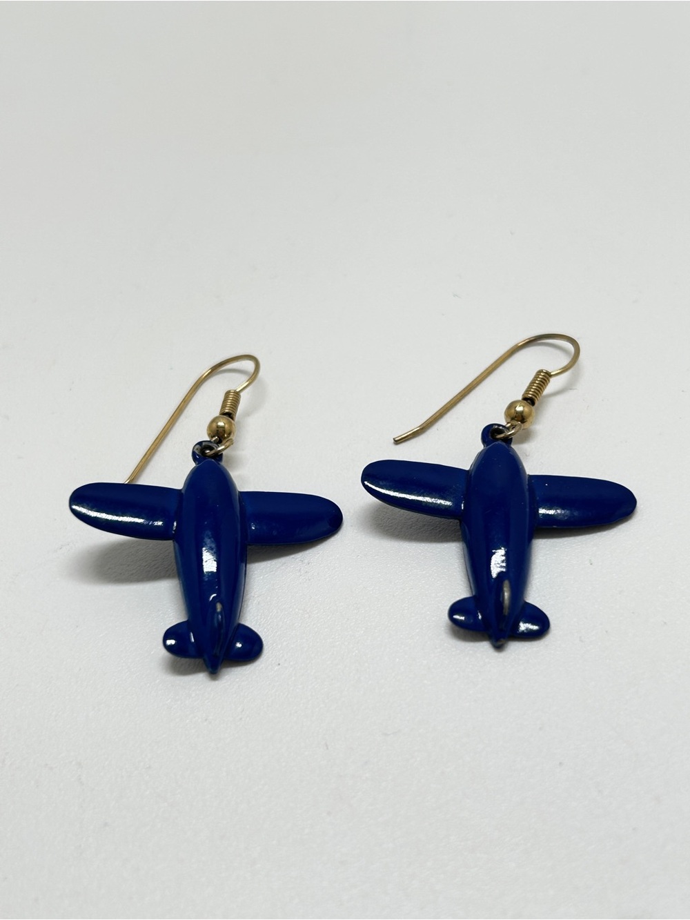 Navy Blue Enamel Airplane Earrings, Novelty, Dangly, Die Cast, Wires
